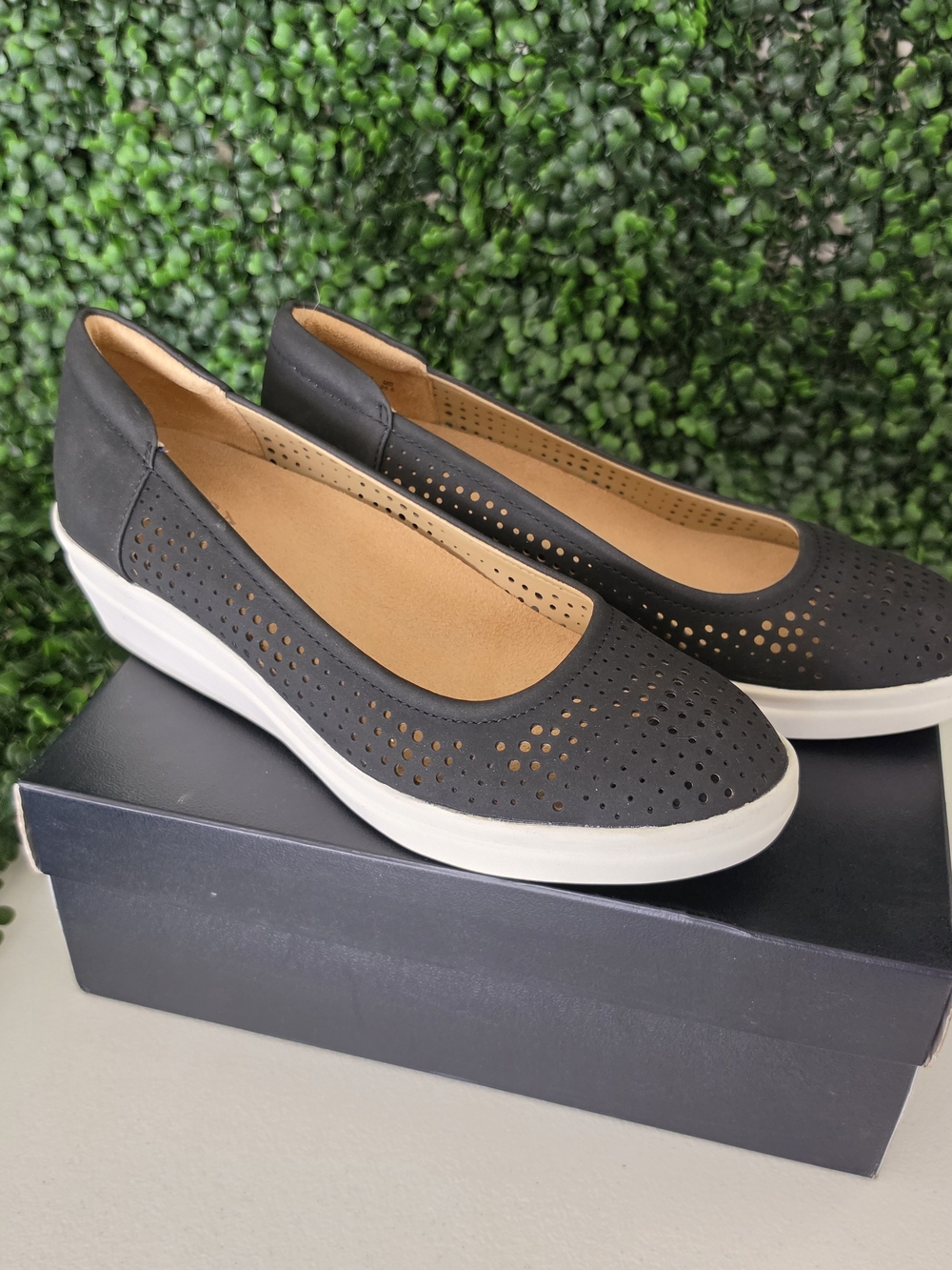 Naturalizer Black Perforated Slip-On Flats with White Sole